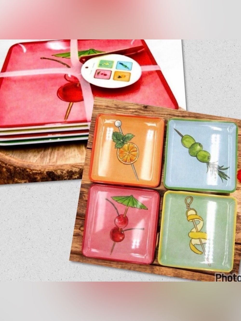 NWT C&C California Set of 4 Melamine Appetizer plates CHERRY-LEMON-ORANGE-OLIVE